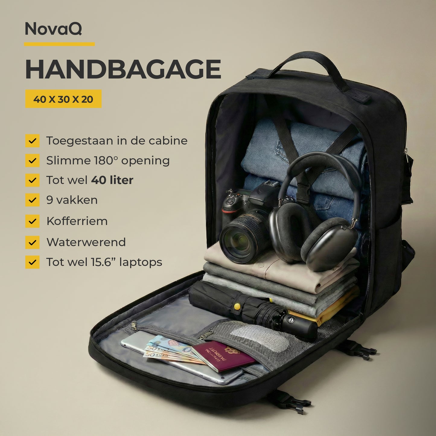 NovaQ Handbagage Rugzak Met Extra Vakken 20L